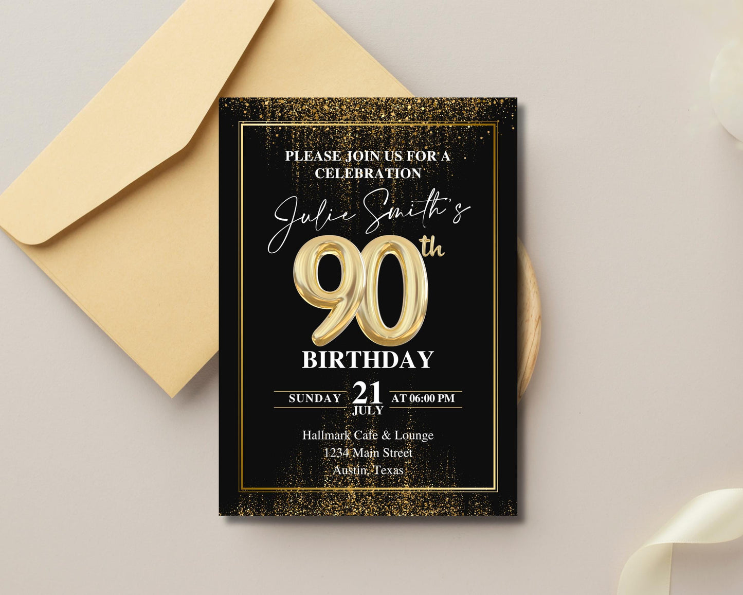 a black and gold 90th birthday party card