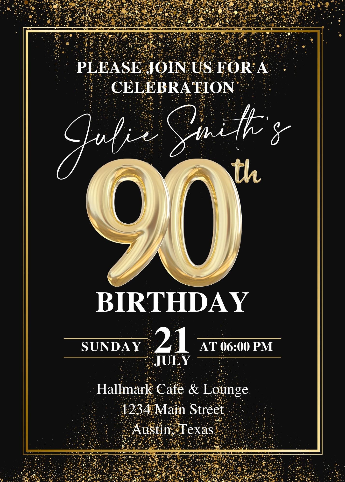 a black and gold 90th birthday party card