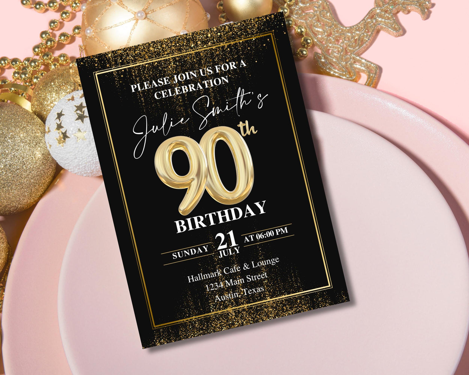 a black and gold 90th birthday party card