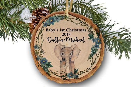 Baby's first Christmas ornament,Christmas ornament,Personalized Christmas ornament,Baby's first Christmas, elephant, woodland, tree slice