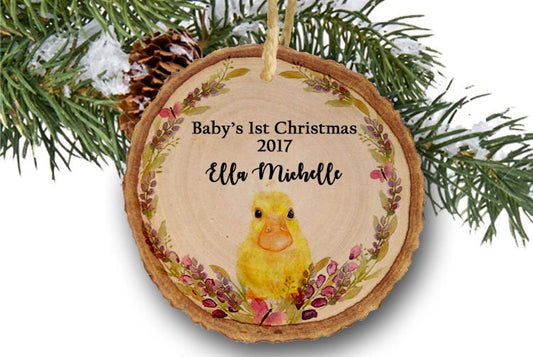 Personalized Baby's first Christmas ornament,Personalized Christmas ornament,Baby's first Christmas, baby duck, tree slice, wooden