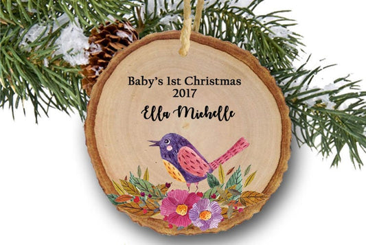 Personalized Baby's first Christmas ornament,Personalized Christmas ornament,Baby's first Christmas, baby bird, tree slice, wooden, rustic