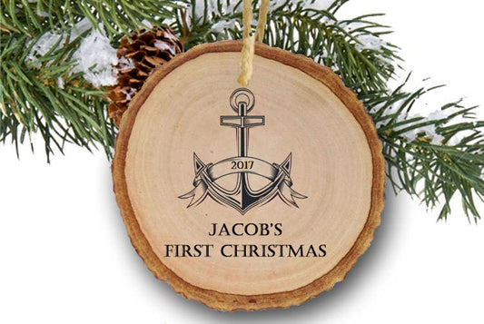 Personalized Anchor Christmas Ornament Nautical Baby Ornament Children's Ornament Tree Slice Wooden