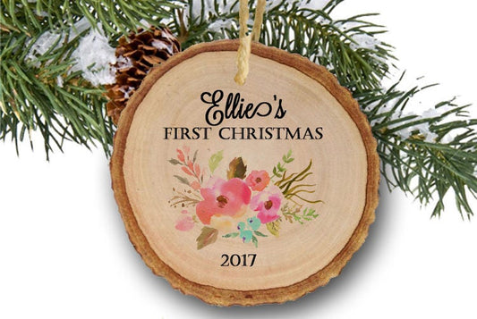 Personalized first Christmas ornament Baby Girl Christmas Ornaments Baby Shower gift pink flowers new baby ornament gift keepsake