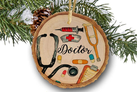 Doctor Christmas ornament, Christmas gift, MD,Christmas gift, gift for Doctor, DR,Tree Slice, Wooden Rustic