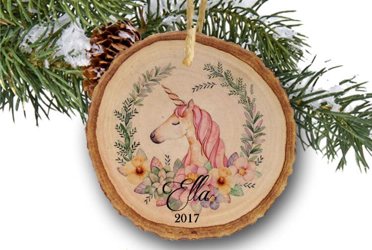 Personalized Unicorn Ornament, 1st Christmas Ornament, Unicorn gift, First Christmas, Newborn Christmas, Tree Slice, Wooden