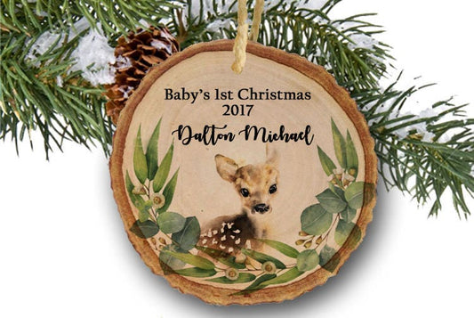 Baby's first Christmas ornament,Christmas ornament,Personalized Christmas ornament,Baby's first Christmas, Baby deer, woodland, tree slice