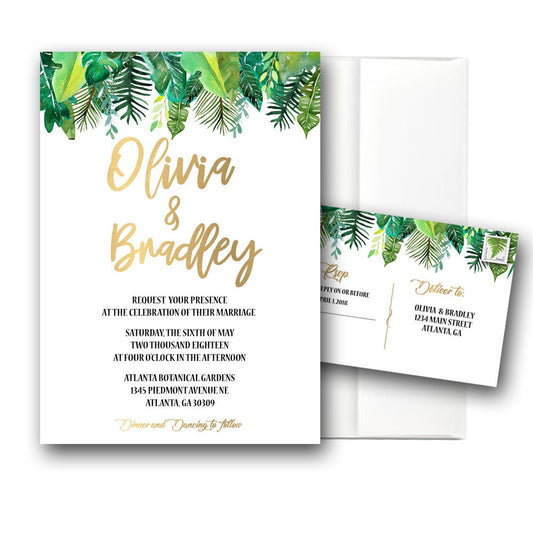 Tropical Leaf and Gold Wedding invitation set 3Pc, Destination Wedding, Elegant Wedding, Wedding invite & RSVP, Classy, Greenery