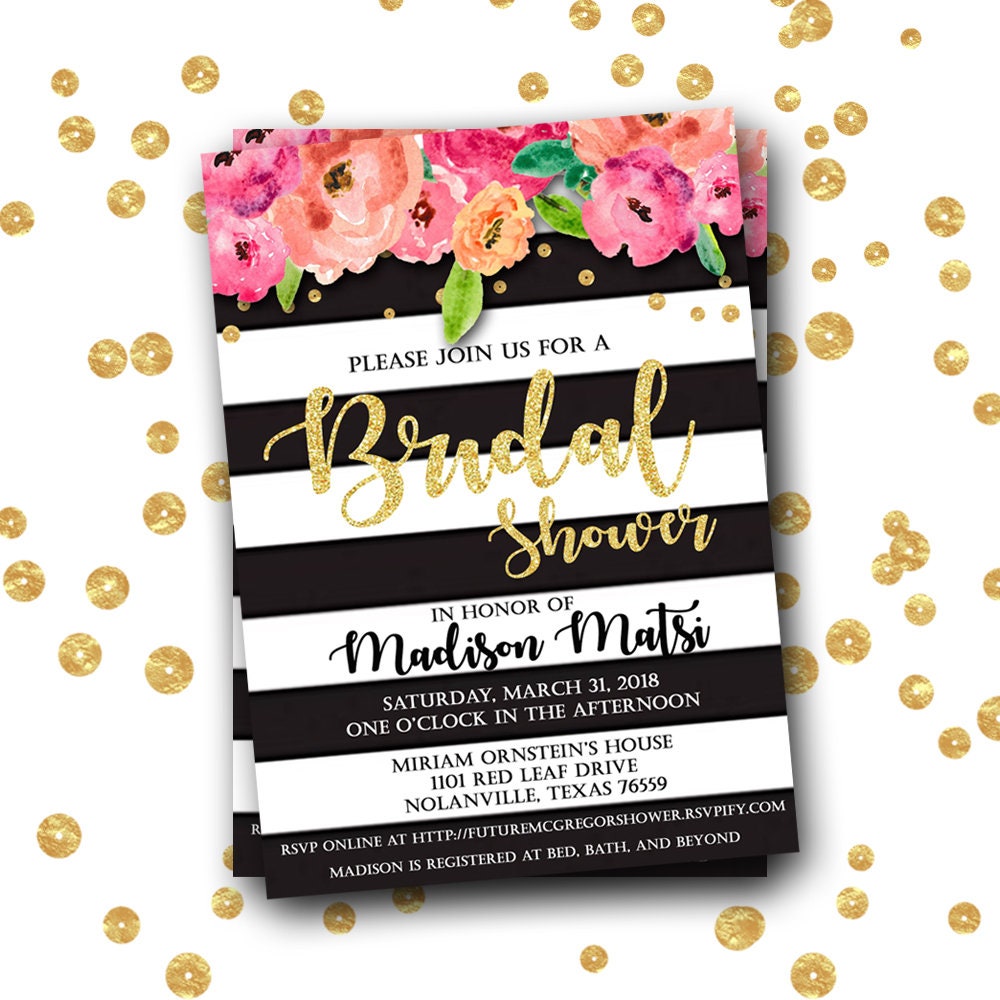 Gold Bridal Shower Invitation, Kate black white stripe Spade Pink, Floral Bridal Shower invite, Wedding Shower Invitation, black and white