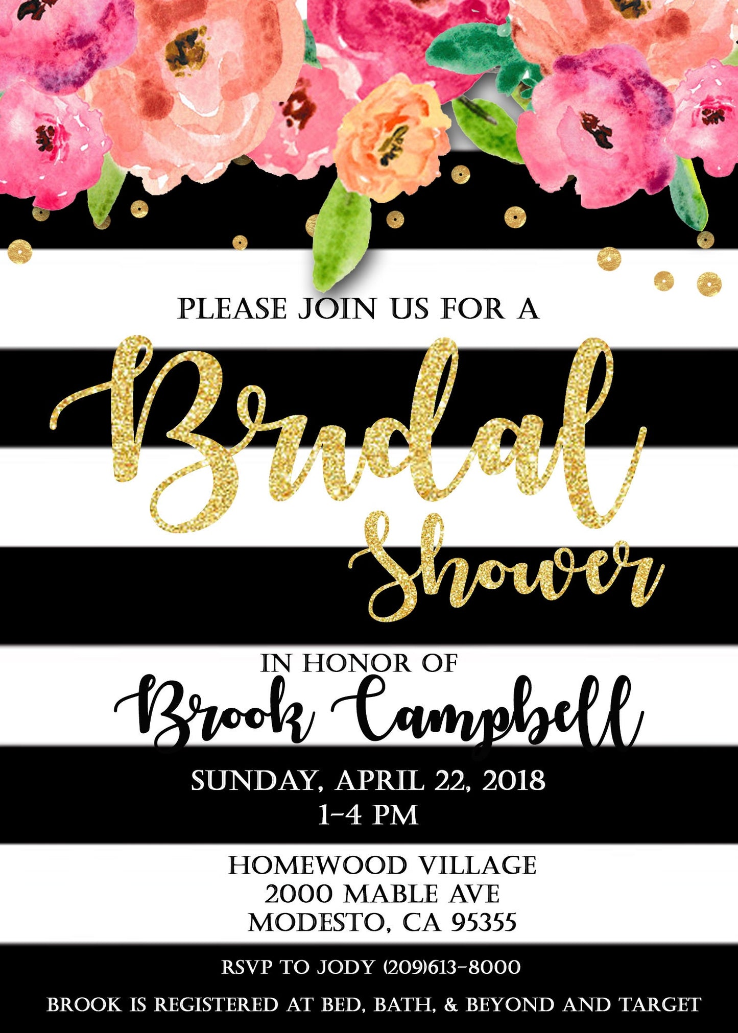 Gold Bridal Shower Invitation, Kate black white stripe Spade Pink, Floral Bridal Shower invite, Wedding Shower Invitation, black and white