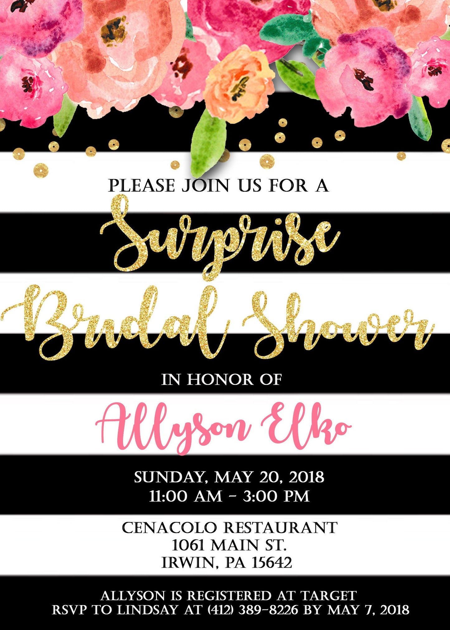 Gold Bridal Shower Invitation, Kate black white stripe Spade Pink, Floral Bridal Shower invite, Wedding Shower Invitation, black and white