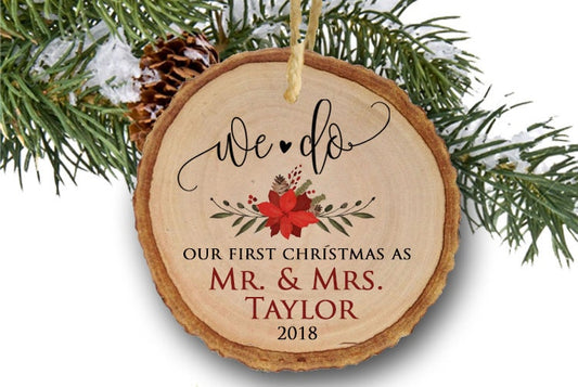 Married Wedding Christmas Ornament Personalized, Ornaments Just Married Personalized Ornament, Our First Christmas Tree Ornament Wood Slice