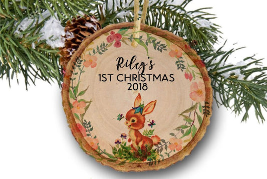 Baby's First Christmas Bunny Ornament, Wood Slice Ornament, Wooden Ornament, Vintage