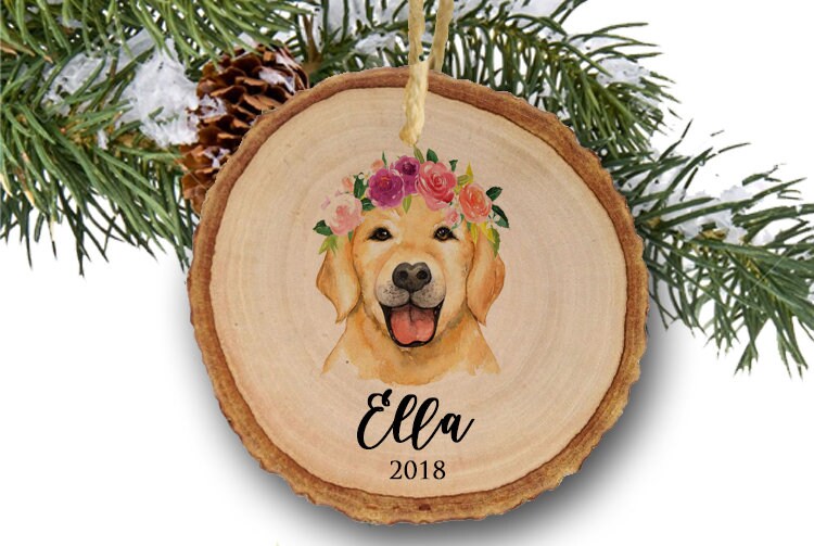 Yellow Labrador Ornament, Personalized Christmas Ornament with Flowers, wood slice ornament, wooden ornament