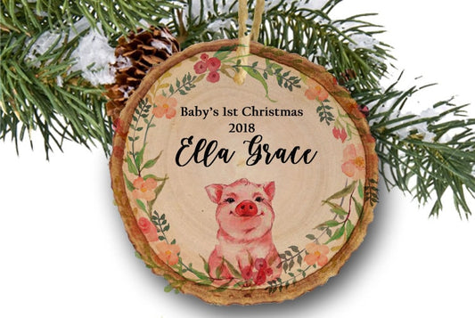 Christmas Ornament for Girl,Baby's First Christmas ornament, pig Ornament, Personalized Children's Ornament, Baby's 1st Christmas, wooden