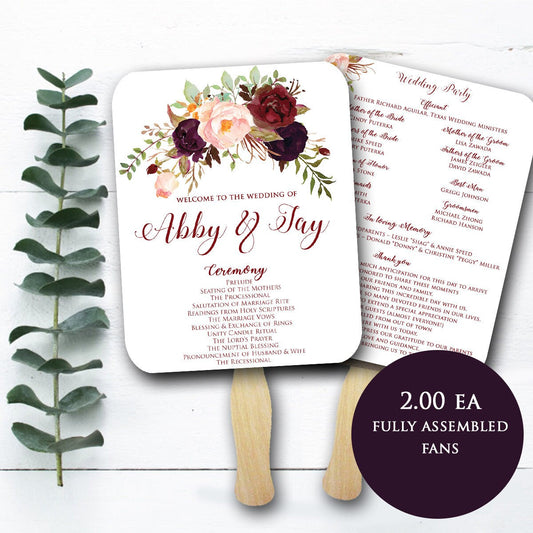 Wedding Program Fan Fully assembled Fall Floral Watercolor - Blush Pink / Burgundy / Marsala / Wine Rustic Wedding Wedding Fans assembled