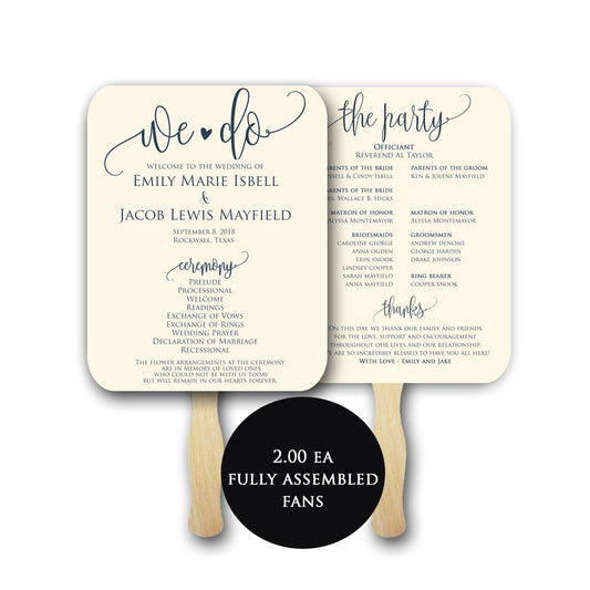 Ivory and navy wedding program fans, wedding fans, Navy blue wedding, wedding fan program assembled, program fans, fan wedding program