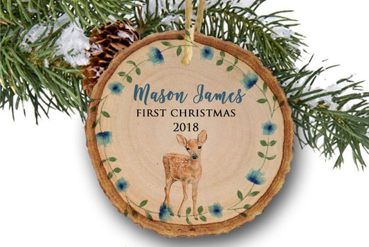 Baby's First Christmas Ornament, Personalized Christmas Ornaments, Fawn Ornament, Deer Ornament, Rustic ornament, baby boy, wood slice