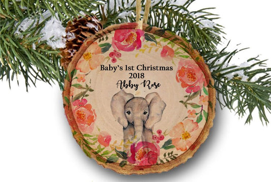 Girl's Christmas ornament,Baby Elephant,Christmas ornament,Personalized Christmas ornament,Baby's first Christmas,-Wood slice ornament