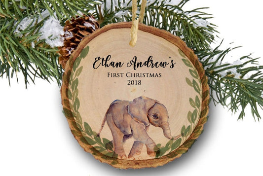 Personalized Christmas Ornament, Baby Boy or Girl Ornament, Watercolor Elephant Ornament, Baby's 1st Christmas 2018, wood slice ornament