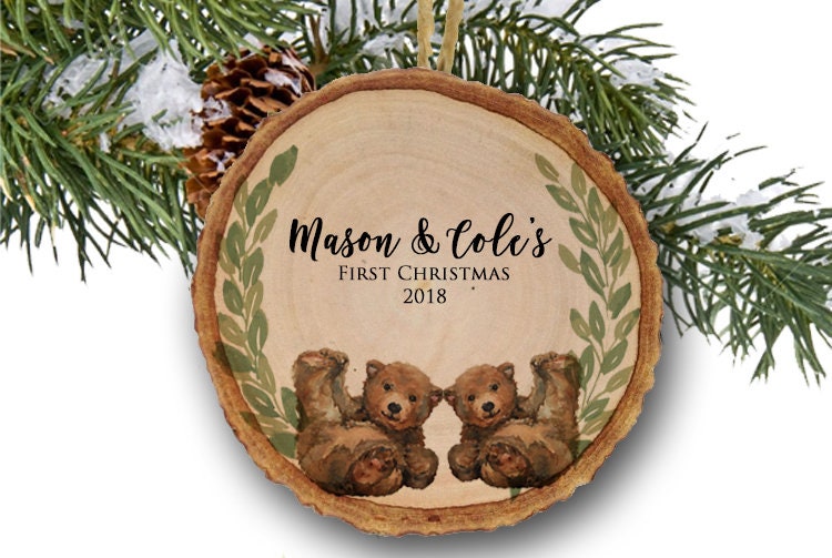 Personalized Christmas Ornament, Bear on Wood, Twin's 1st Christmas, Watercolor, Baby's 1st Christmas 2018, Baby Boys Ornament