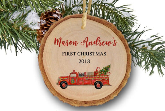 Baby's first Christmas ornament, Vintage fire truck ornament,Christmas ornament,Personalized Christmas ornament,Custom ornament, wood slice