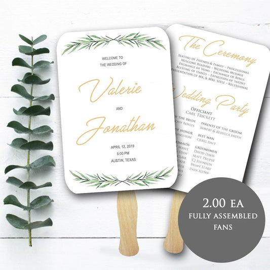 Greenery Wedding Programs, Fully Assembled Printed Wedding Fan Program, Garden Rustic Theme, Wedding Fans, Wedding program fans-Valerie