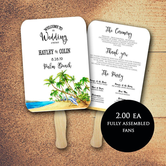 Watercolor Beach Wedding fans, Destination wedding fan, wedding fans, wedding program fans, personalized wedding fans, summer wedding