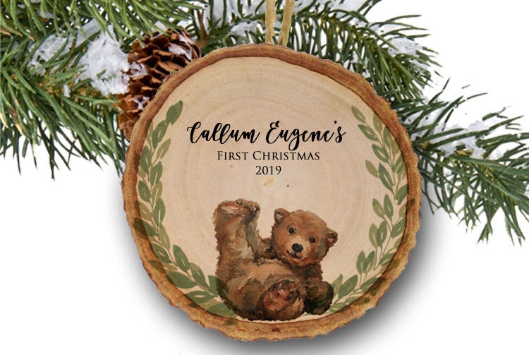 Personalized Christmas Ornament, Bear on Wood, Baby's 1st Christmas, Watercolor, Baby's 1st Christmas 2019, Boy Ornament