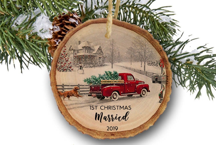 Truck Personalized Christmas Ornament Just Engaged Bridal Shower Gift Custom Wedding Gift wooden ornament