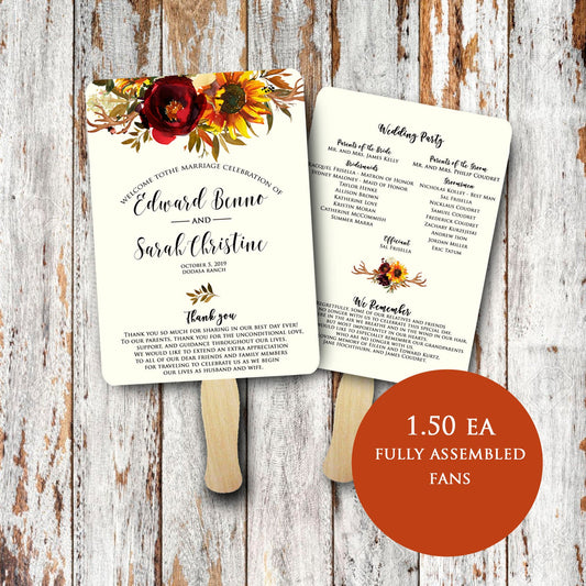 Sunflower and Burgundy Wedding Programs - Fall Wedding Program - Floral - October Wedding - November Wedding - Wedding fans fully assembled