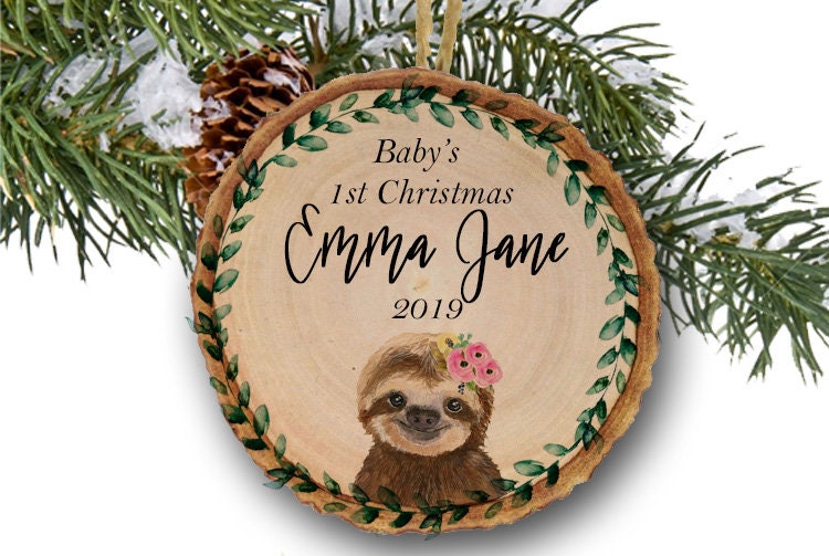 Baby's first Christmas ornament / Christmas ornament / First Christmas / baby ornament / Sloth ornament / rustic ornament / wood slice