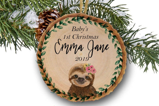 Baby's first Christmas ornament / Christmas ornament / First Christmas / baby ornament / Sloth ornament / rustic ornament / wood slice