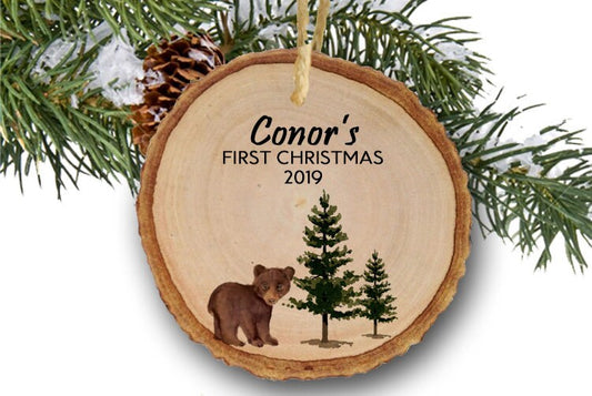 Baby's First Christmas rustic woodland bear wood slice ornament - ornament gift for baby's 1st Christmas