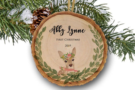 Baby's 1st Christmas, First Christmas, baby ornament, tree ornament, wooden ornament, deer, new baby gift, Baby girl, wood slice