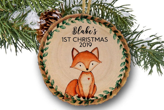 Baby's First Christmas woodland fox cut birch wood ornament, wood slice ornament, Boy or girl