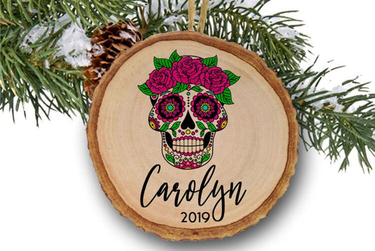 Day of the dead ornament, dia de los muertos, Sugar Skull Ornament, name ornament, Custom ornament, wood slice ornament