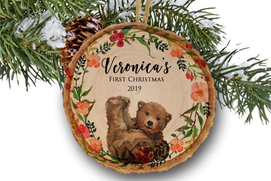 Personalized Christmas Ornament, Bear on Wood, Baby's 1st Christmas, Watercolor, Baby's 1st Christmas 2019, Girl Ornament