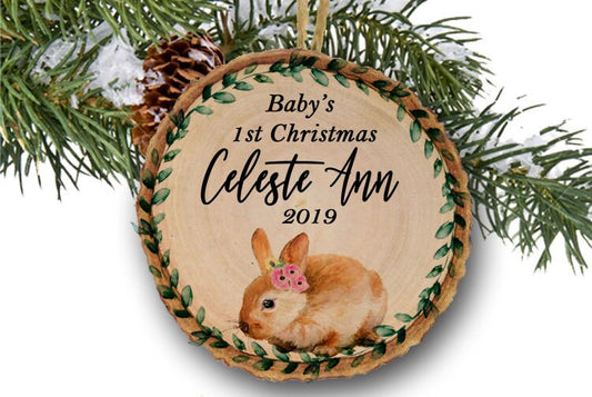 Baby's first Christmas ornament / Christmas ornament / First Christmas / baby ornament / bunny ornament / rustic ornament / wood slice