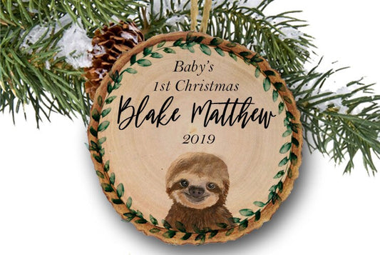 Baby's first Christmas ornament / Christmas ornament / First Christmas / baby boy ornament / Sloth ornament / rustic ornament / wood slice