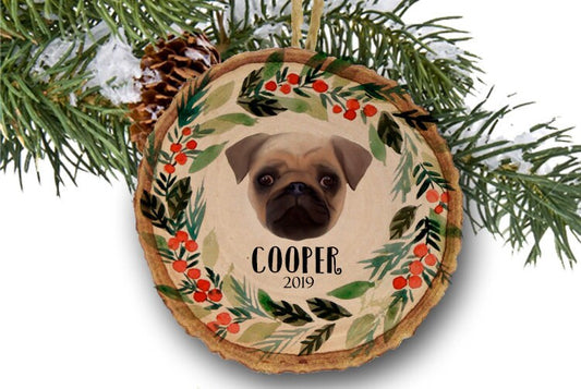 Custom Dog Ornament, Personalized Dog Christmas Ornament, Pug, Pug Gift, Dog Lover gift, Wooden ornament