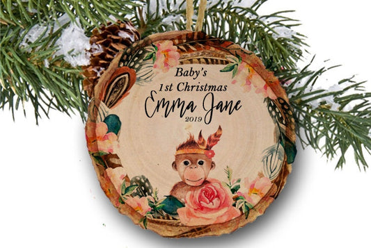 Baby Monkey Ornament, First Christmas Ornament, Baby Girl ornament, Boho Personalized Christmas Ornament, Baby gift, Wooden Ornament