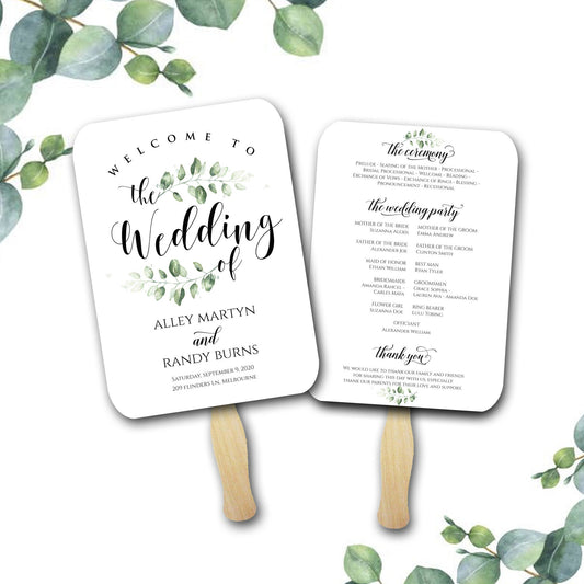 Wedding Program Fan, Printed and Assembled, Greenery, Simple Wedding