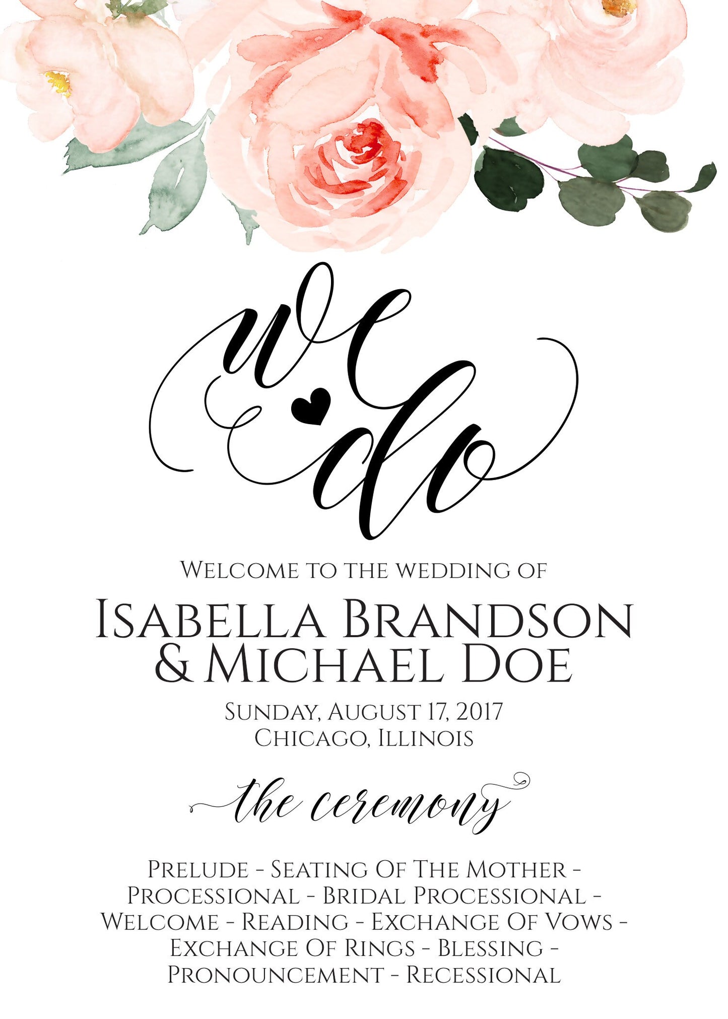 Floral Wedding Program Fan - Printed Wedding Fan - Ceremony Programs - Wedding Programs -  Fully Assembled - Blush Blooms Collection