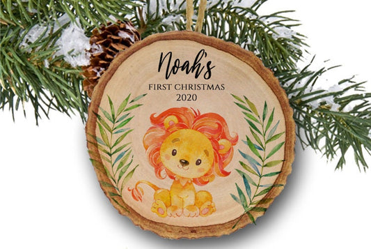 Baby First Christmas Ornament 2020 - 1st Christmas Ornament Personalized baby boy or girl gift, Lion, Wooden ornament