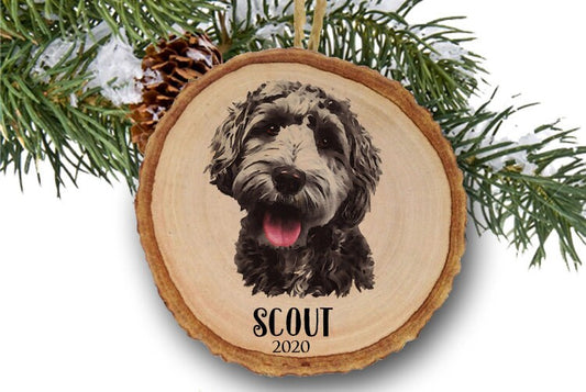 Black Labradoodle Ornament, Personalized Christmas Ornament with Flowers, wood slice ornament, wooden ornament