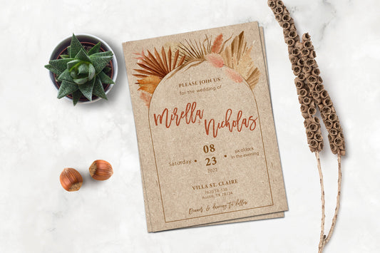 Wedding Invitation, Boho Wedding Set, Pampas Grass Wedding - PRINTED - FREE SHIPPING