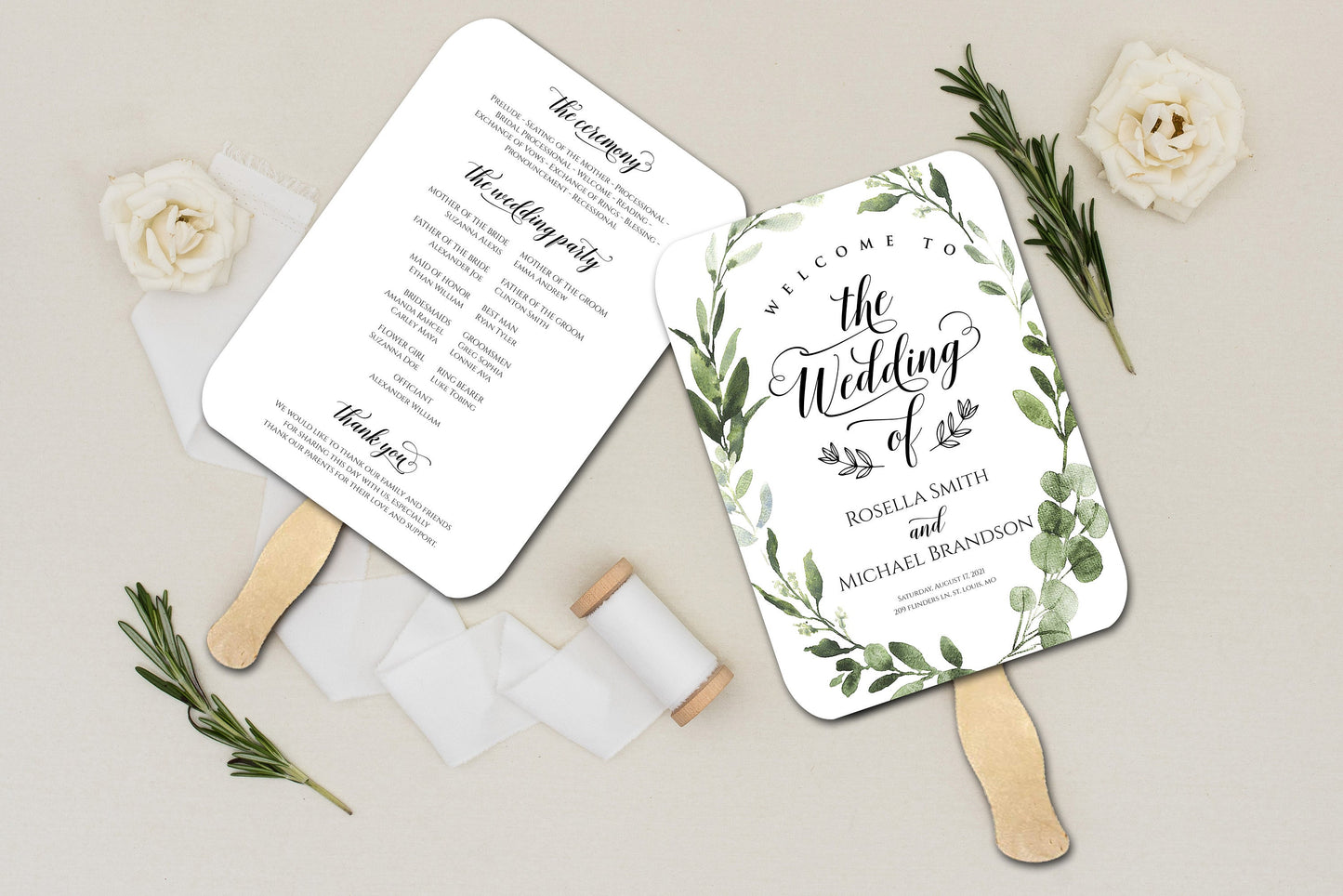 Greenery Wedding Program Fan - Printed and assembled Program Fan - Wedding Fan - Ceremony Programs - Wedding Programs