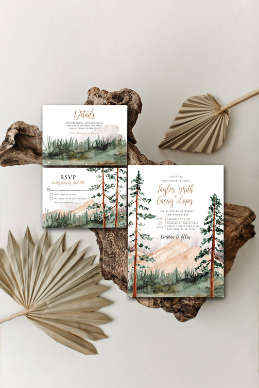 Forest Wedding Invitation, Mountain Wedding Invitation, Outdoor Wedding, Tree Invitation - PRINTED