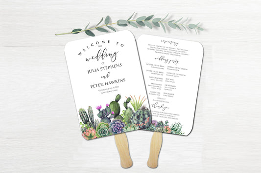 Wedding program fan assembled, modern desert cactus, wedding fans for guests, customize, succulent, wedding fan program, Free shipping